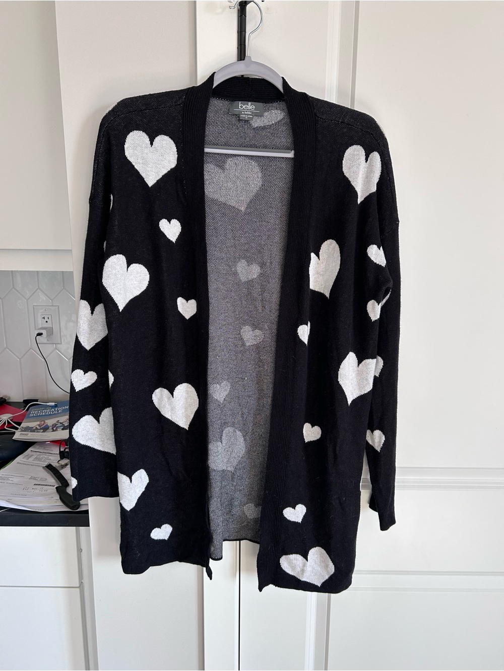 Belle by Beldini Black White Heart Print Open Front Long Knit Cardigan Sweater